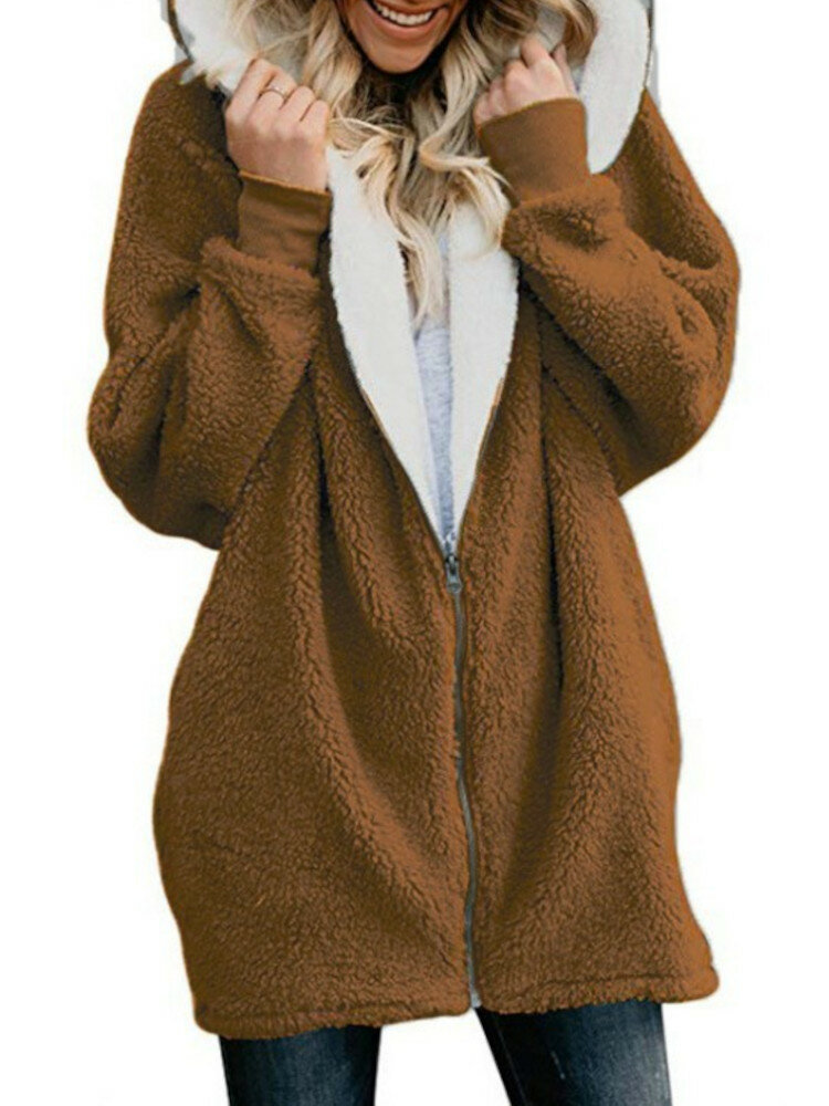 Women Full-Zip Thermal Hooded Solid Long Sleeve Warm Sweatshirts