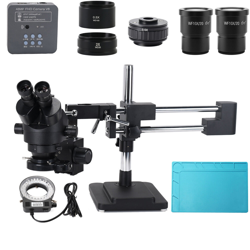 

3.5X-90X Double Boom Stand Zoom Simul Focal Trinocular Stereo Microscope+48MP 2K HDMI USB Industrial Camera for Phone PC