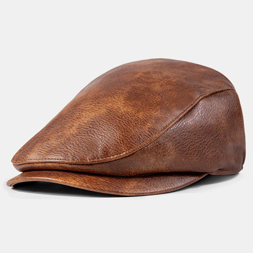 Men PU Leather Solid Color Absorb Sweat Breathable Beret Flat Cap Casual Warmth Newsboy Hat Forward 