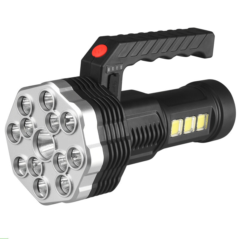 13-LED-Taschenlampe mit starker Helligkeit und seitlichem COB-Licht. Wiederaufladbar über USB und tragbar für den Einsatz im Freien und zu Hause.