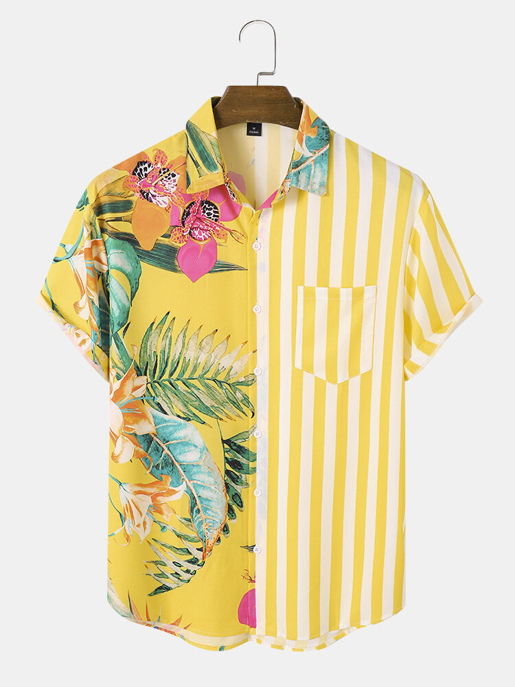 Men Tropical Leaves & Striped Patchwork All Matched Skin Friendly Shirts