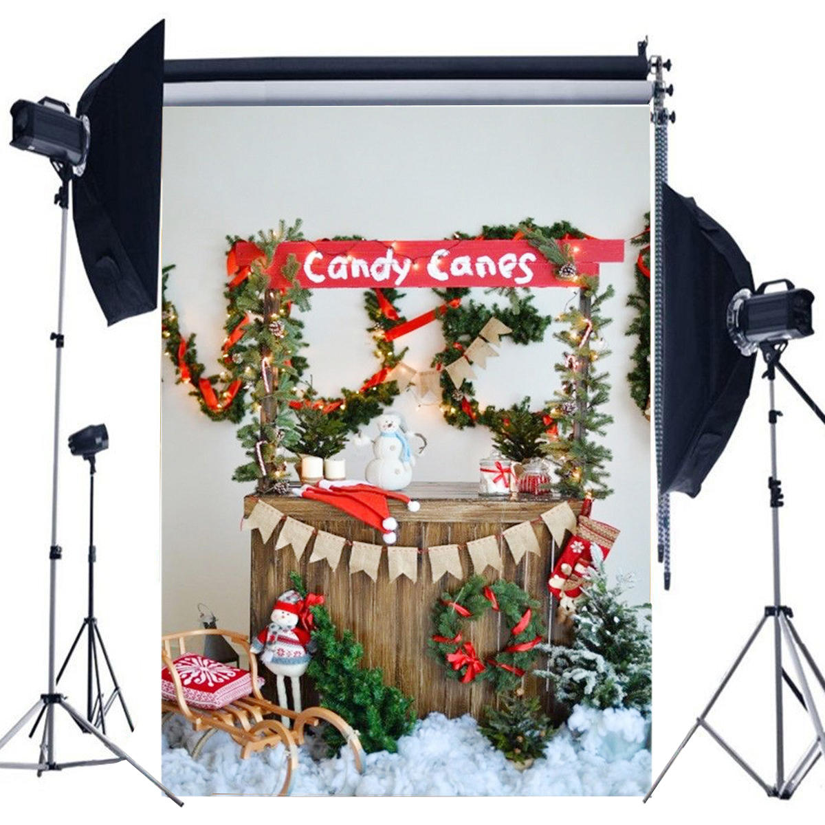 5x7FT Christmas Tree Snow Lights Flags Canned Candy Photography Backdrop Studio Prop Background