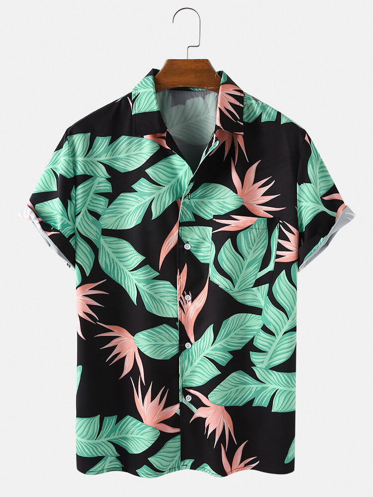 

Mens Holiday Tropical Plant Leaves Print Hawaii Casual Button Up Short Sleeve Shirts