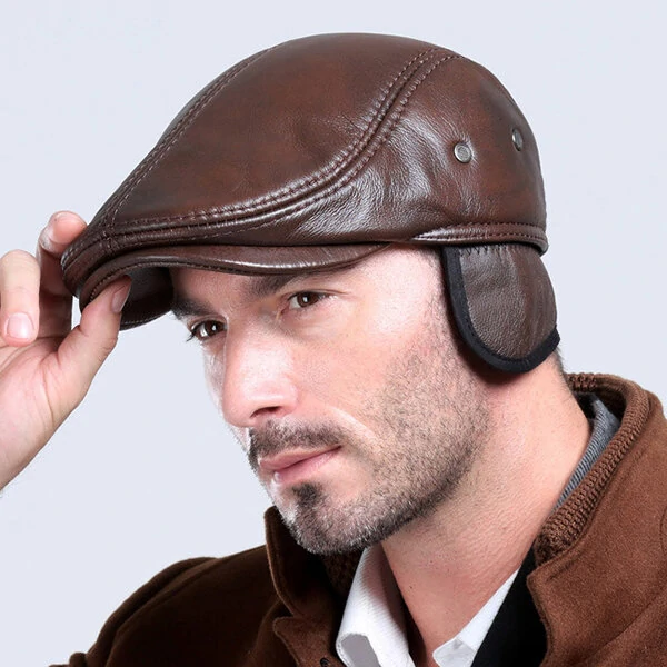 Men's Vintage Genuine Cowhide Beret Caps Earflaps Windproof Duckbill Warm Black Brown Hats