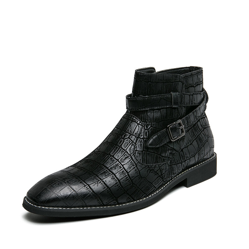 55% OFF on Men Fashion Comfy Embossed Leather Metal Buckle Strap Ankle Boots