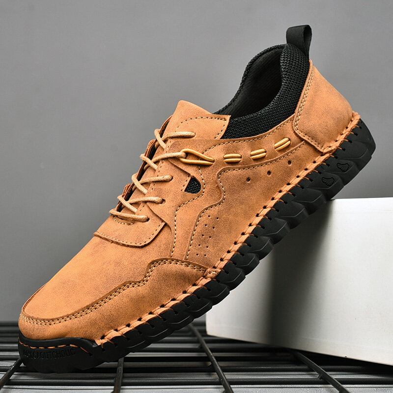Men Microfiber Leather Breathable Hand Stitching Soft Sole Comfy Pure Color Casual Shoes