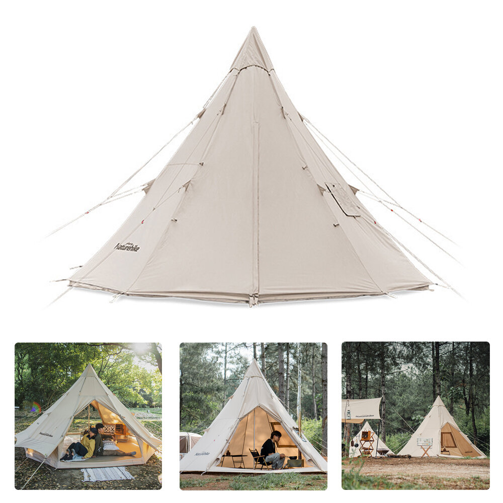 Naturehike 3-4 pessoas Tenda de acampamento em pirâmide de algodão com toldo grande respirável para viagem ao ar livre