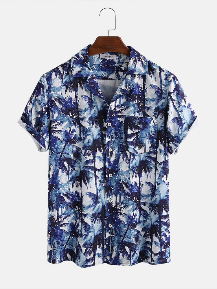 Image of Mnner Tropical Coconut Tree Gradient gedruckt Umdrehen Kragen Tasche Kurzarm Hawaii Beach Shirts