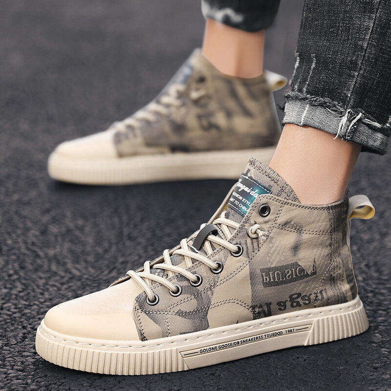Men Round Letter Printed Lace-up Sneakers Casual Board Boots