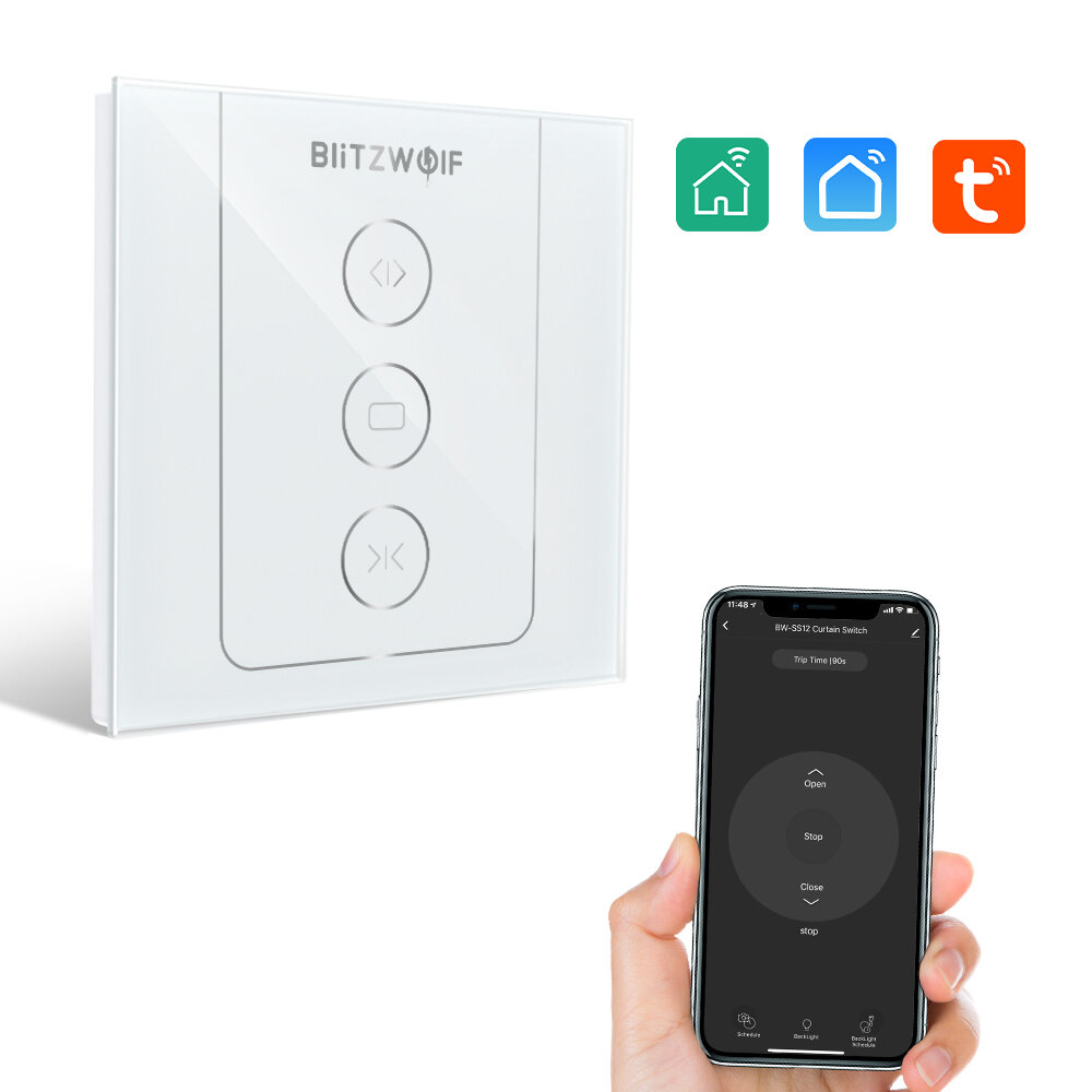 BlitzWolf® BW-SS12 WiFi Smart Curtain Shutter Switch Wireless Curtain Motor Touch Glass Panel Time Schedule APP Remote C