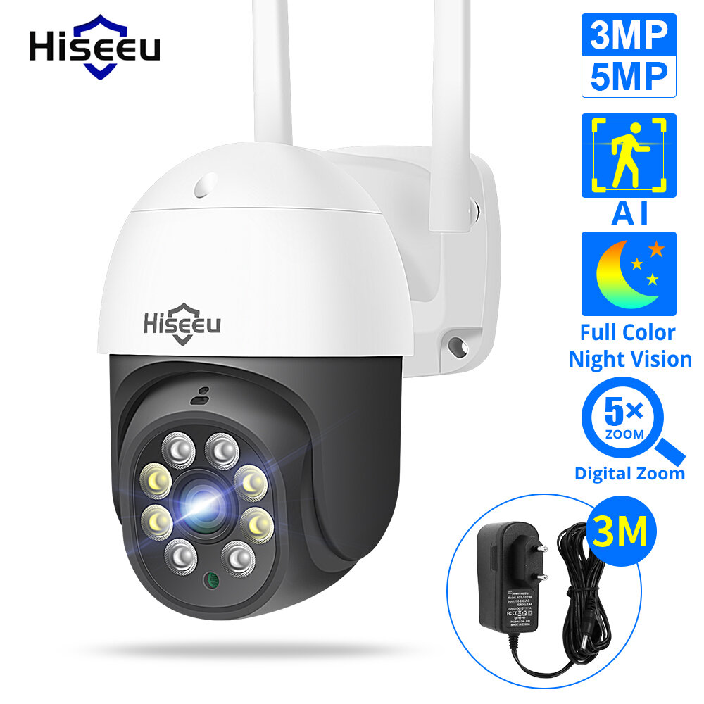 Hiseeu 3MP/5MP PTZ IP Camera Outdoor Beveiliging AI Menselijke Detectie H.265X Draadloze WiFi CCTV V