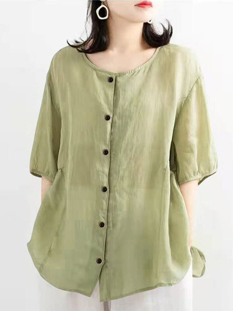 Solid Button Ruched Round Neck Half Sleeve Casual Blouse
