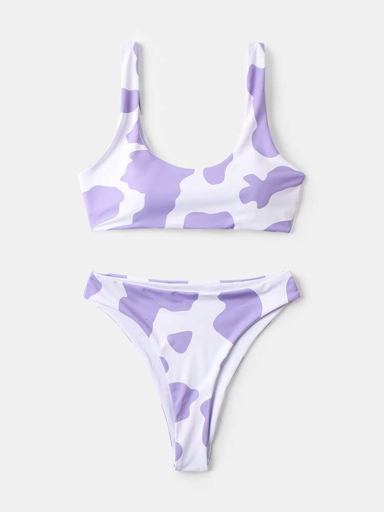 

Women Cows Print Side Shoulder Straps Backless High Waist Bikini Hawaii Beach Swimwear
