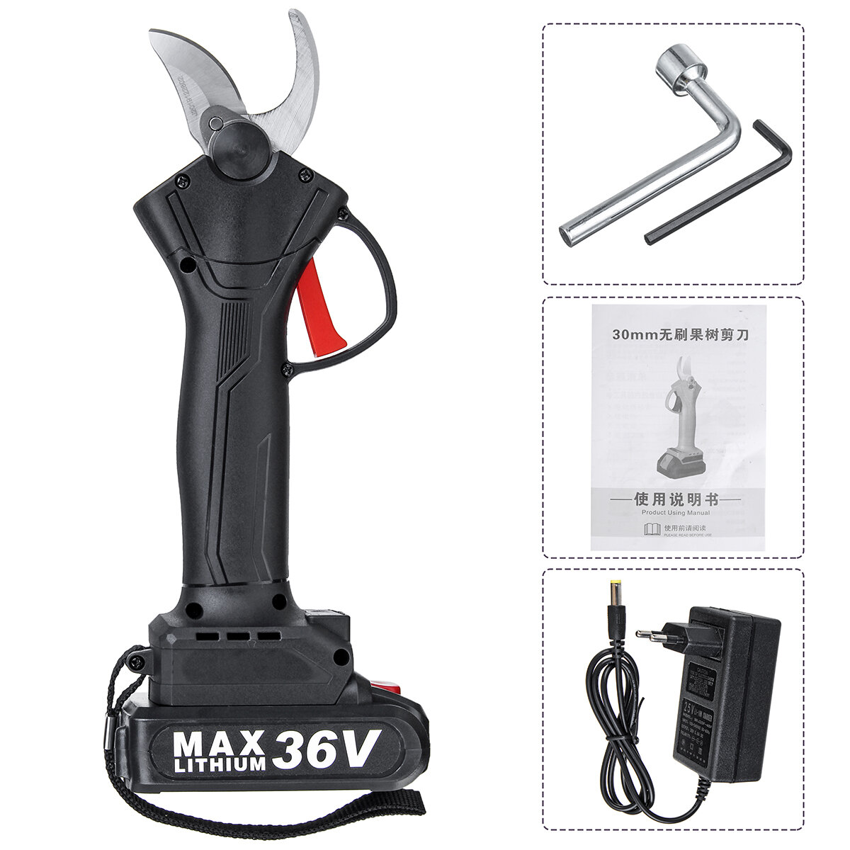 

36V Cordless Rechargeable Electric Pruning Shears Secateur Low Noise Branch Cutter Scissor Trimmer With 1 Battery 1 Char