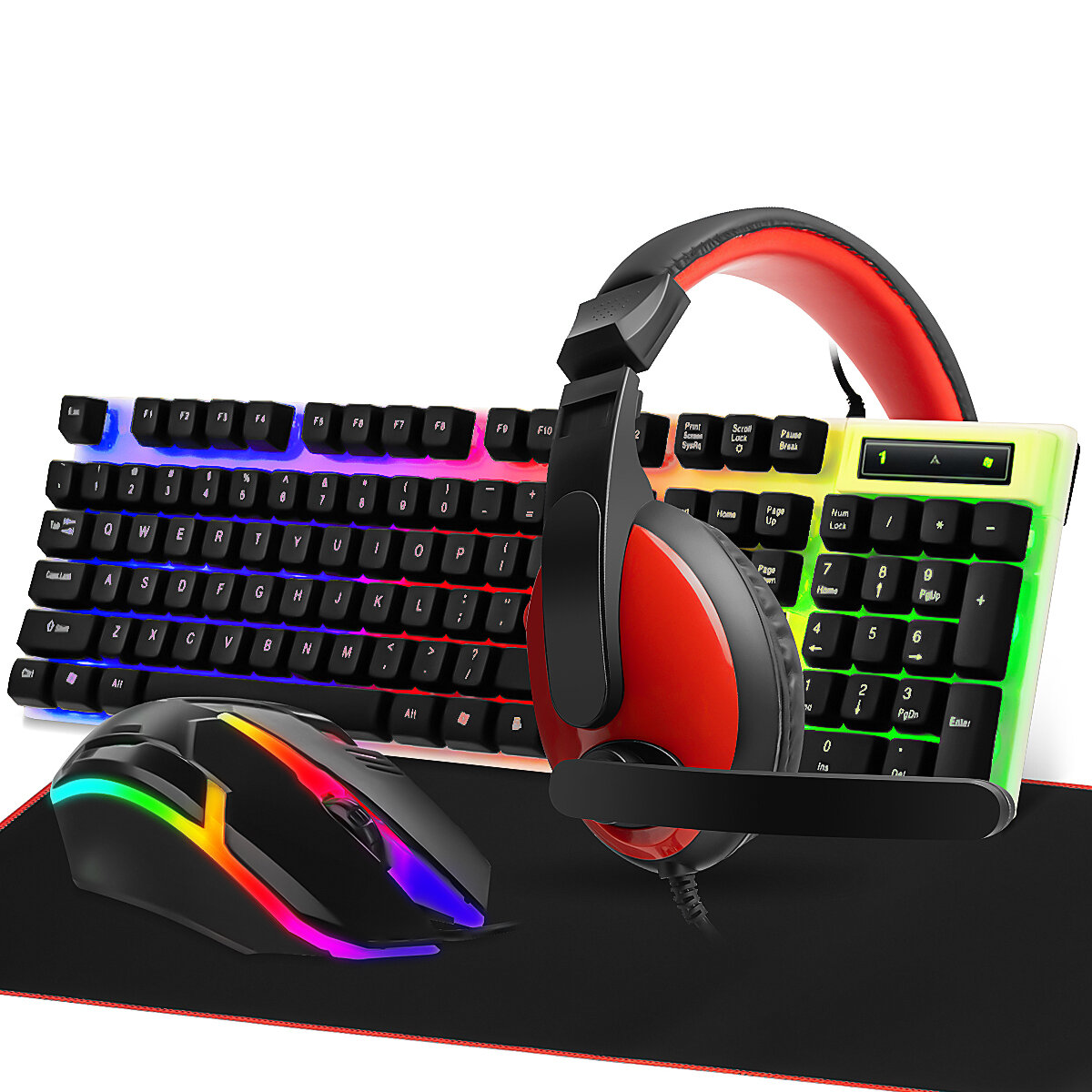 SHPADOO 4 in 1 Keyboard Mouse Headset Mousepad Combo 104-Keys Suspended Translucent Keycaps Colorful
