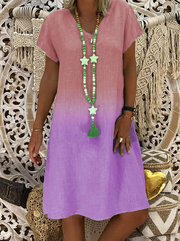 

Контрастный Цвет Градиент V-образным вырезом с коротким рукавом Свободные Повседневные Платье Для Женское