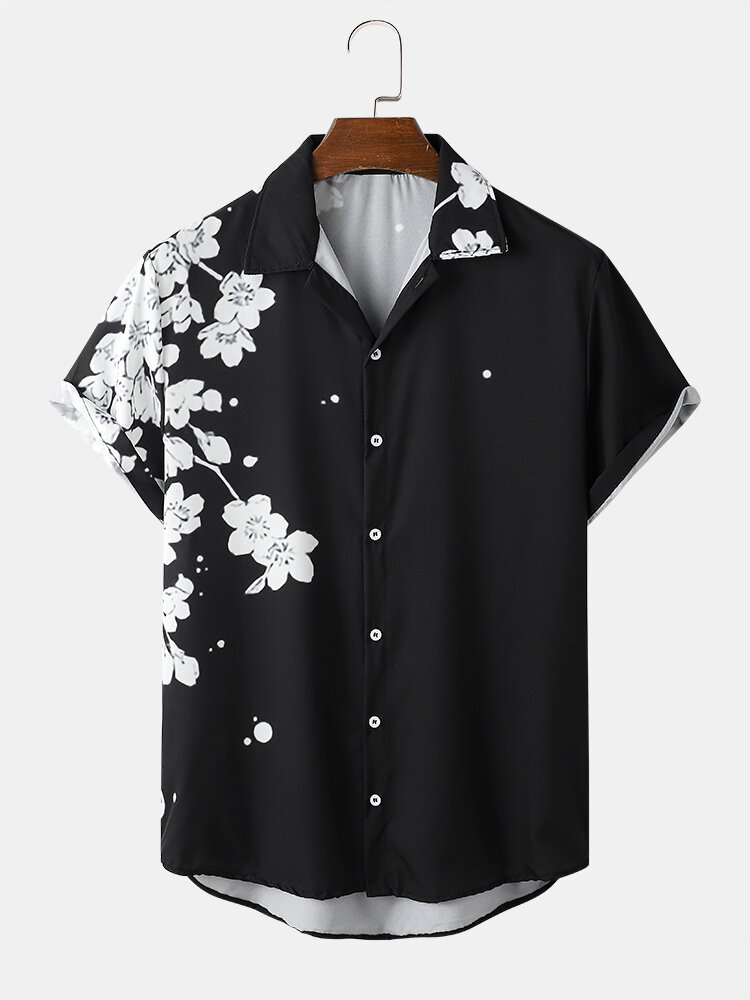 Mens Fashion Monochrome Floral Print Button Up Short Sleeve Shirts