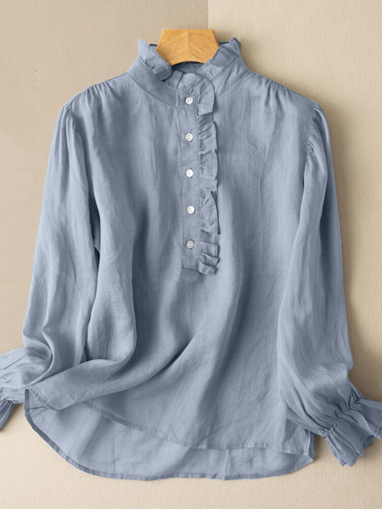 Solid Color Long Sleeve Stand Color Ruffled Blouse For Women