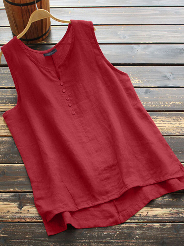 Women Pure Color Round Neck High Low Hem Casual Sleeveless Blouses