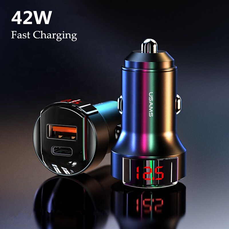 

USAMS C19 42W QC3.0 PD3.0 Dual Ports Digital Display Type-C + USB Fast Charging Car Charger for iPhone 12/ 12 Mini/ 12 P