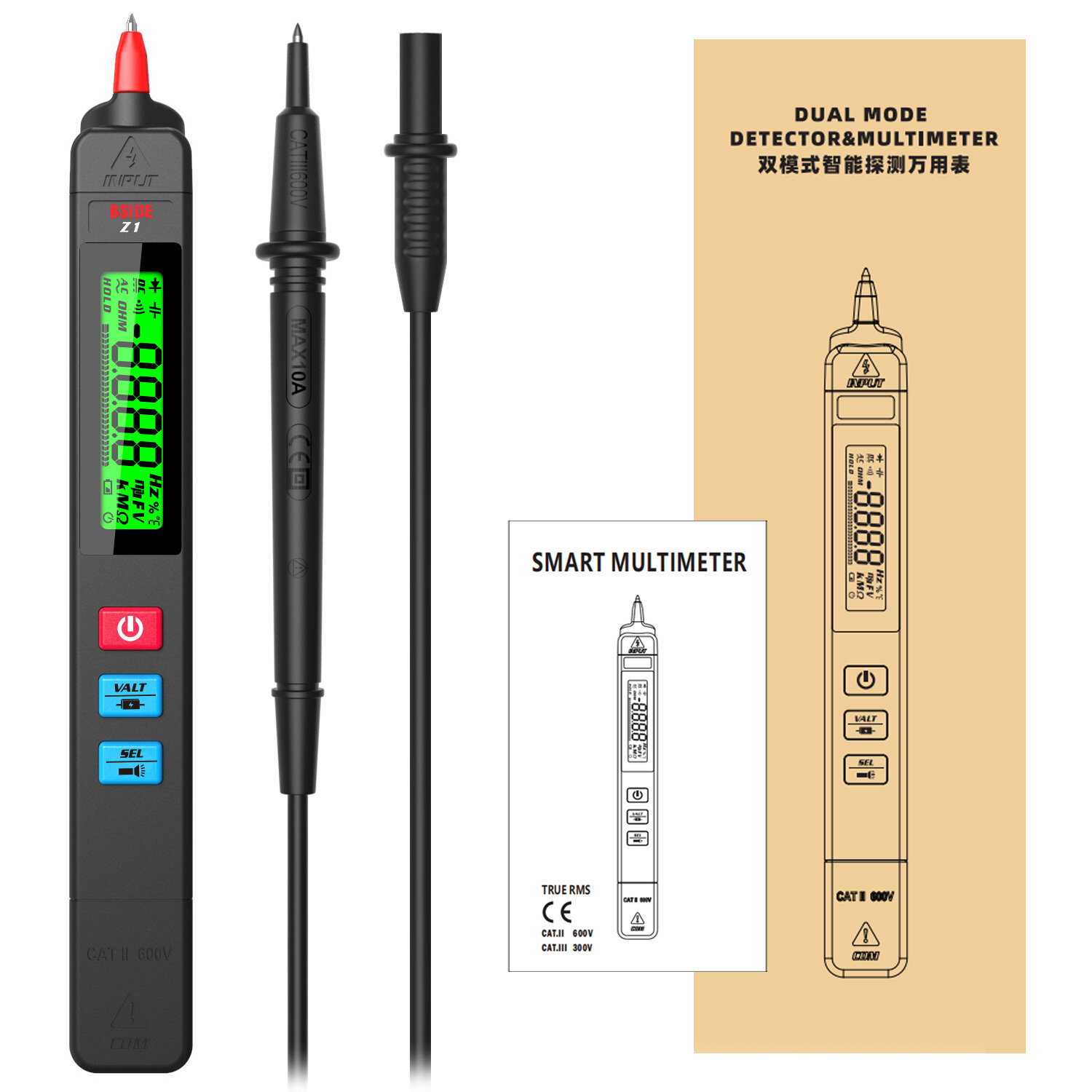 BSIDE Z1 Mini Digital Multimeter Smart Pen-Type LCD 2000 Counts Voltmeter Resistance Tester Flashlig