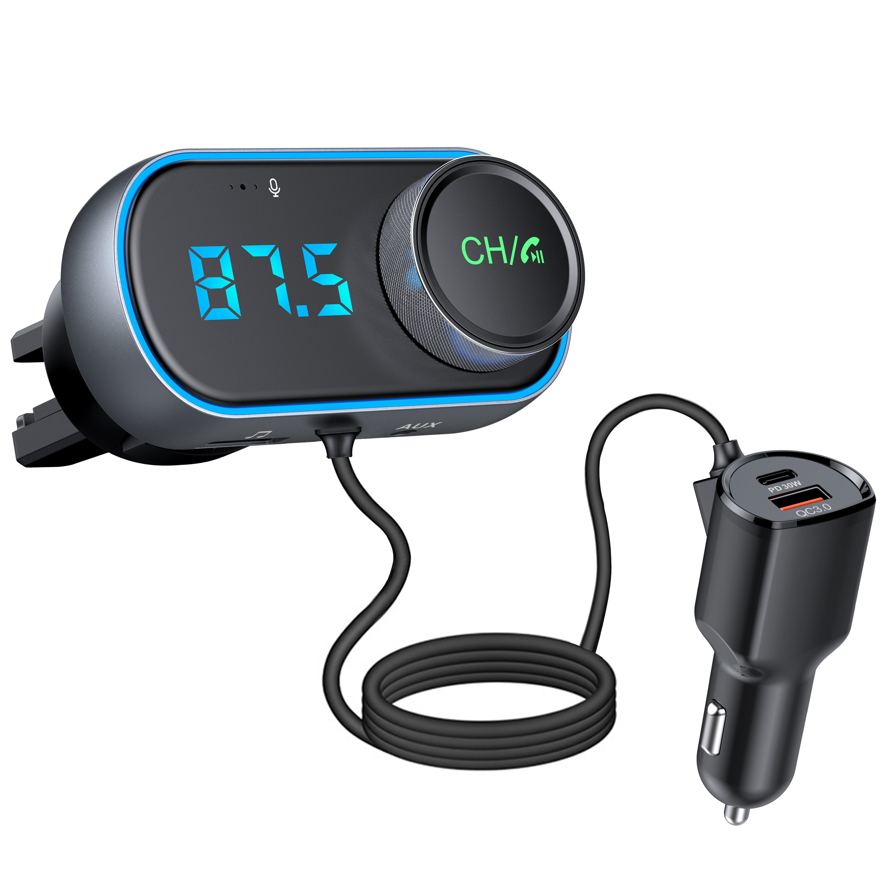 

T78 Air Outlet Car bluetooth V5.0 FM Transmitter 30W PD + QC3.0 Fast Charger Hi-fi Music Player Hands-free Calls U Disk