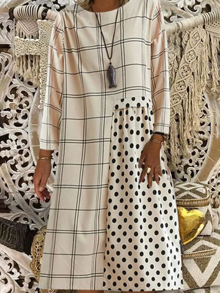 

Большие размеры Женское Контрастные контрастные платья миди с длинными рукавами в клетку в горошек в стиле пэчворк