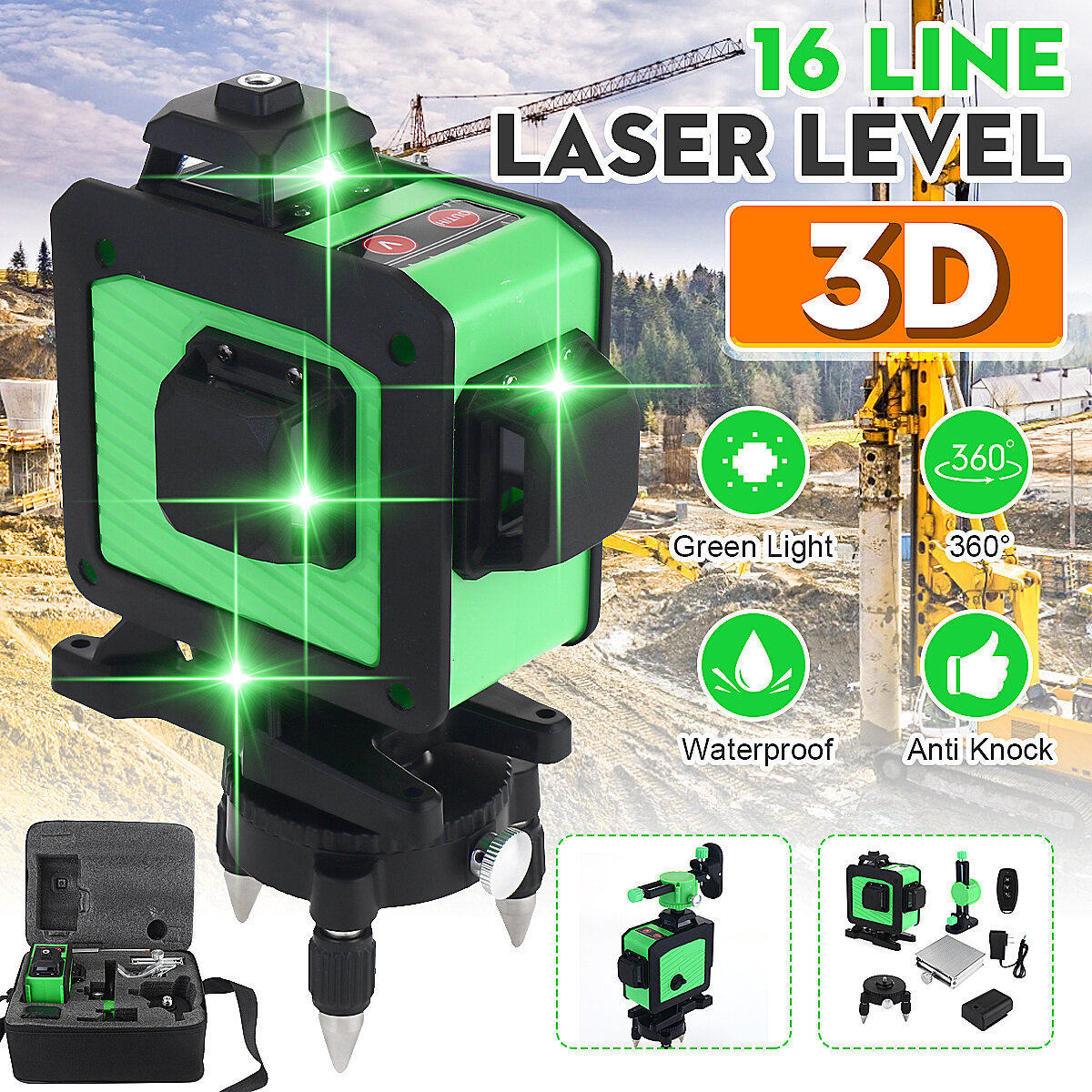16 Line 360? Horizontal Vertical Cross 3D Green Light Laser Level Self-Leveling Measure Super Powerf