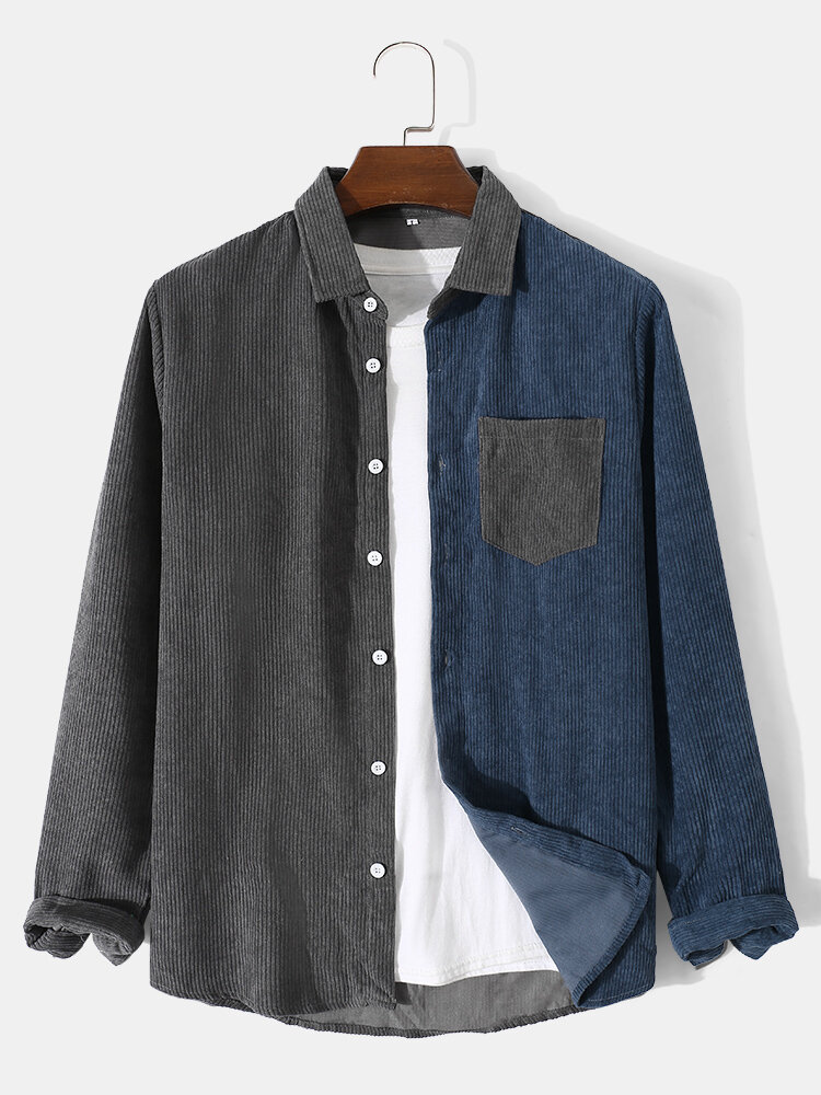 Heren Corduroy Contrast Colorblock Front Button Revers Casual Shirts