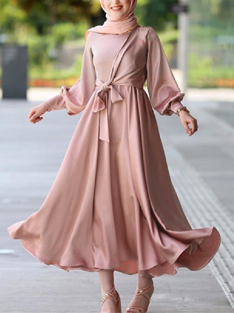 

Женщины сплошной цвет имитация шелка лодыжки Длина кафтан макси платья с объемными рукавами