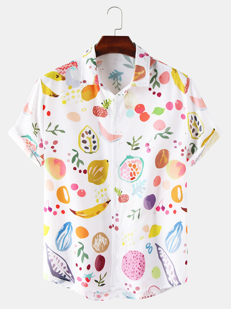 Mens Casual Colorful Fruit Print Lapel Collar Short Sleeve Cute Shirts