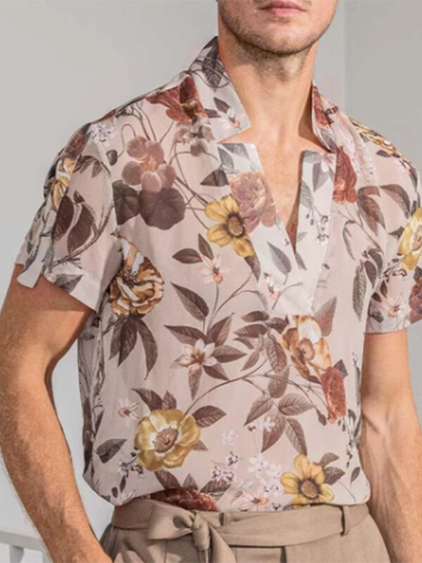 Men Floral Print Semi Transparent V-Neck Short Sleeve Shirt