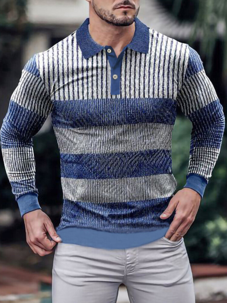 Heren gestreepte golfshirts met kleurblokken en lange mouwen, casual pullovers