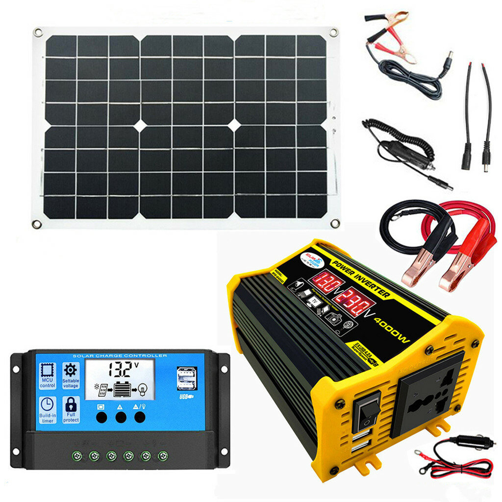 Panel solar de 18W 12V Sistema de energía solar portátil Inversor de energía de 4000W con 2 puertos USB Controlador de carga solar de 30A Pantalla LED