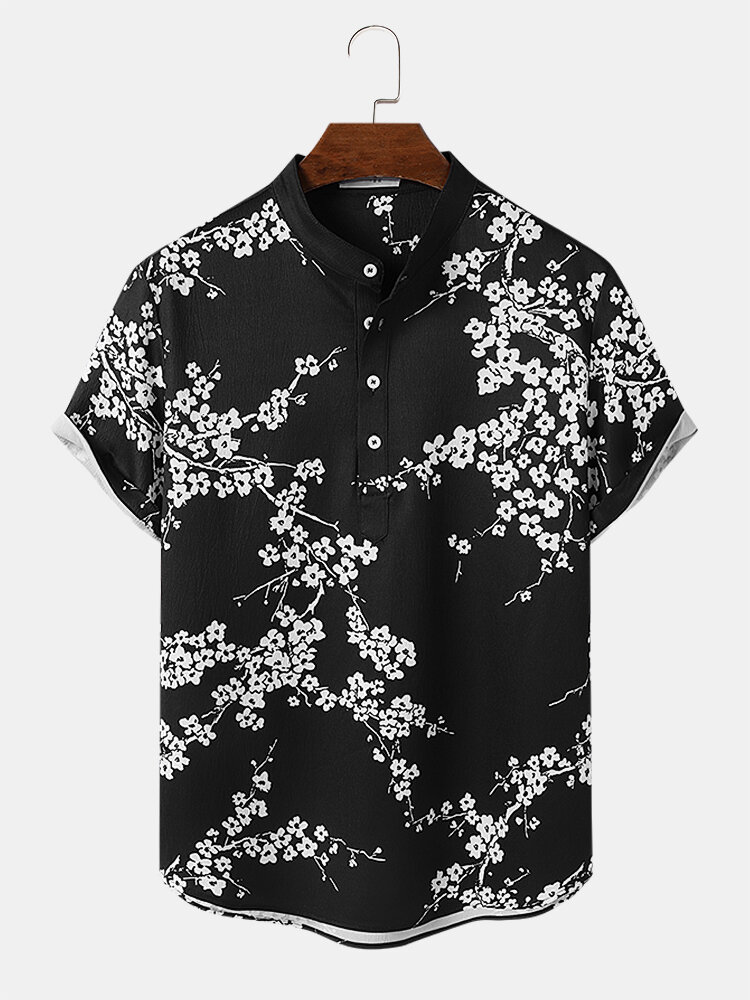 

Mens Monochrome Floral Print Texture Short Sleeve Henley Shirts
