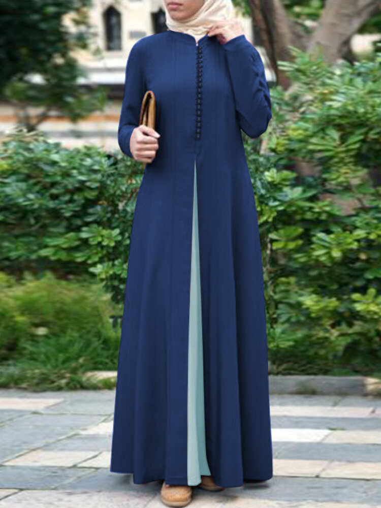 

Women Contrast Color Stitching Bohemian Button Long Sleeve Muslim Maxi Dress Abaya Kaftan