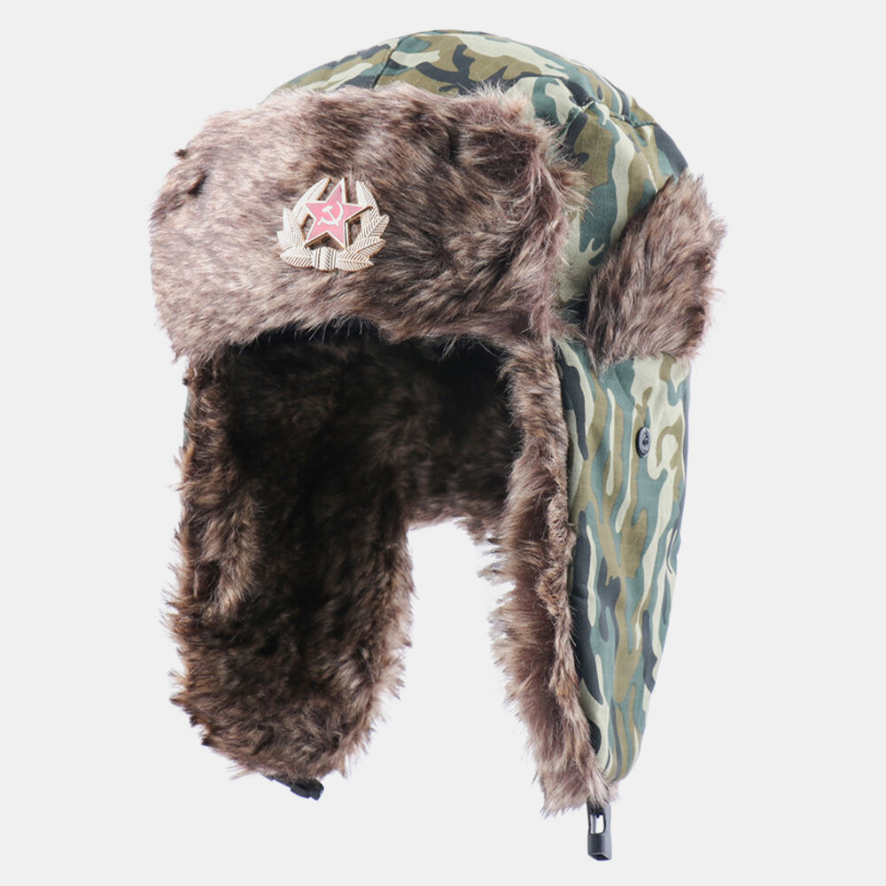 Unisex Plus Velvet Soviet Badge Warm Windproof Ear Flaps Protection Camouflage Trapper Hat Ushanka H