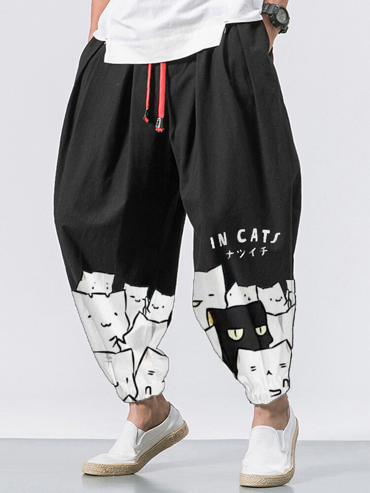 

Mens Japanese Cartoon Cat Print Contrast Drawstring Waist Pants