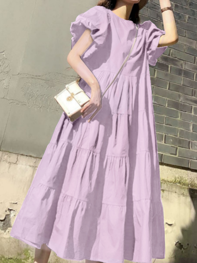 Women Puff Sleeve Round Neck Tiered Simple Solid Color Pleated Maxi Dresses