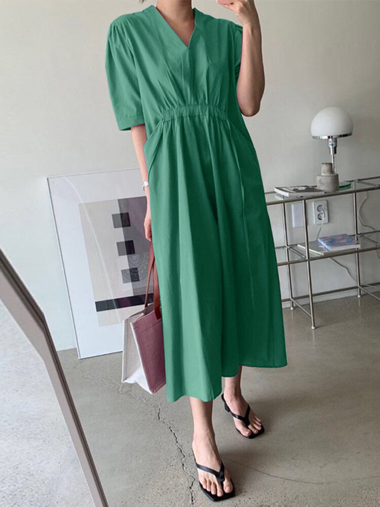 

Solid Ruched Pocket Knotted V Neck Midi Casual Dress