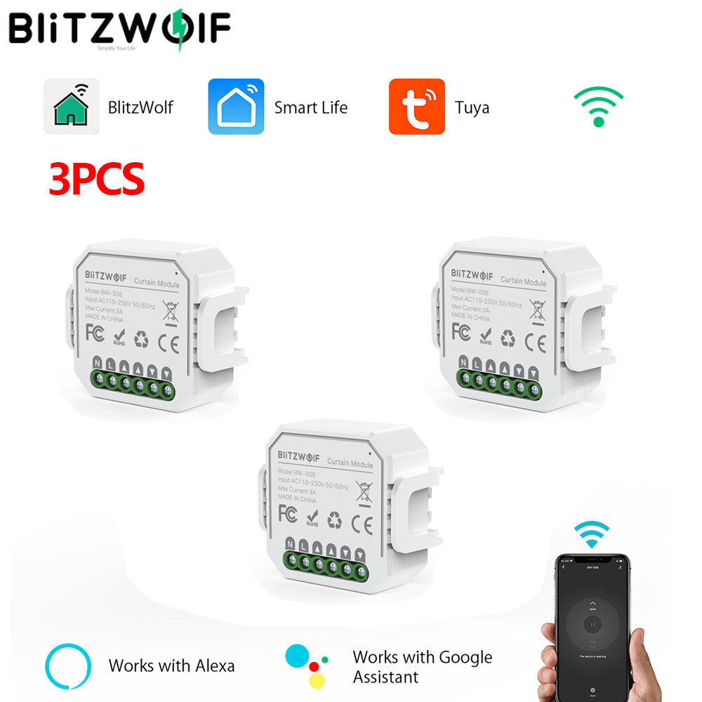 [3PCS] BlitzWolf® BW-SS6 WIFI Smart Curtain Module APP Remote Controller Timing Open/Close Work with Google Assistant Am