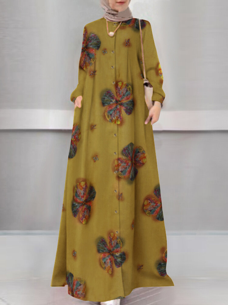 فستان إسلامي بأكمام طويلة مزين بأزرار وأزرار لطباعة الأزهار للعطلات قفطان بجيب