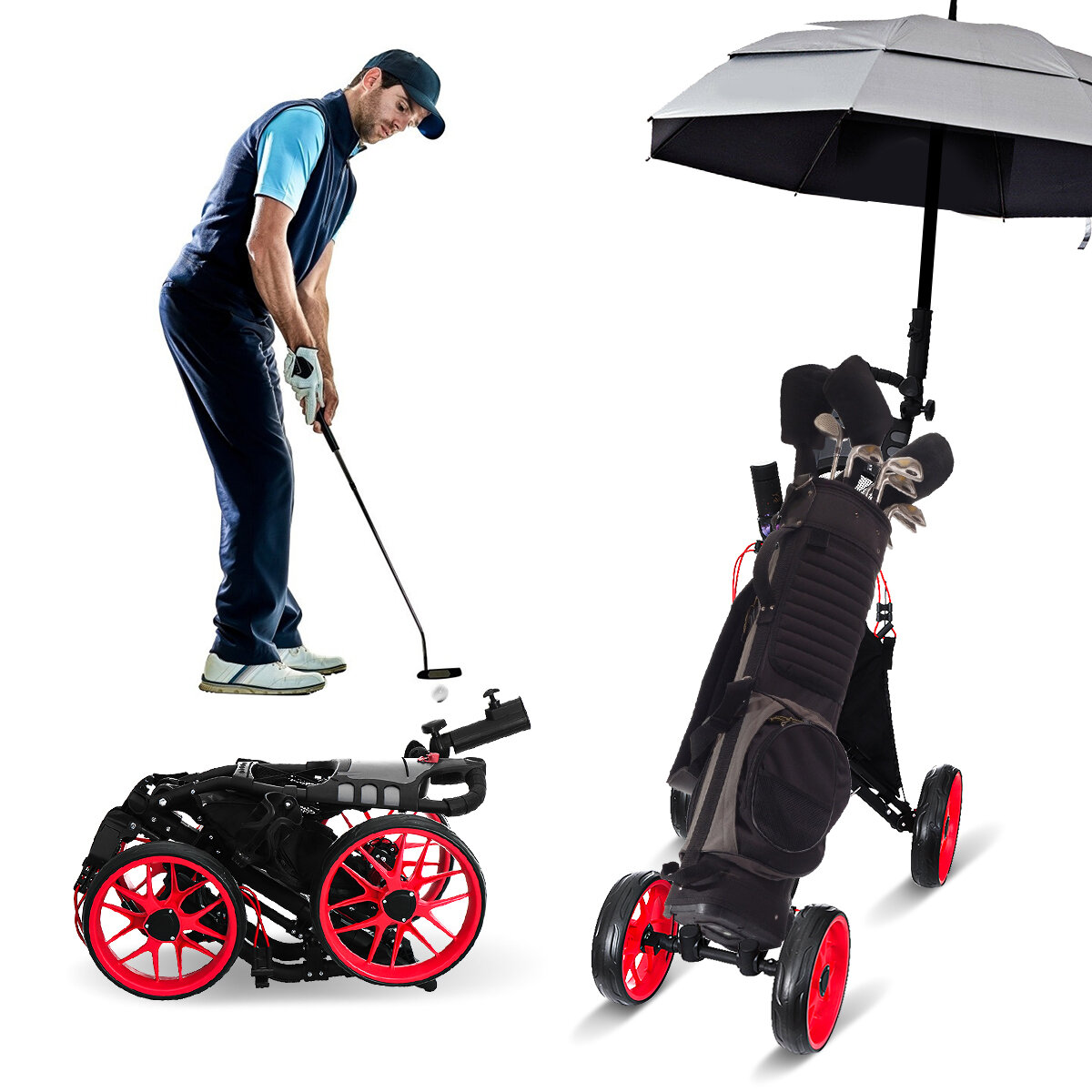 89cm aluminium 4 wiel opvouwbare golfkar trek duw golftas trolley met paraplu bekerhouder