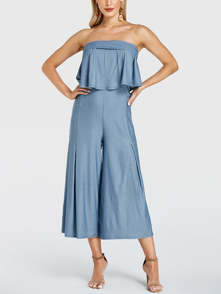 Women Solid Color Ruffle Pleated Off Shoulder Long Casual Jumpsuit