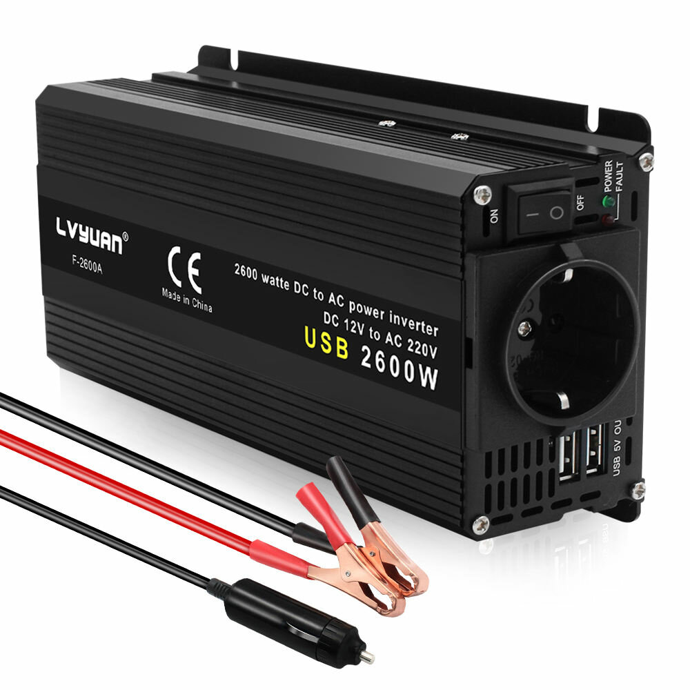[EU Direct] Lvyuan DC 12V to AC 220V Car Power Inverter Car Converter 1000W(2600W Peak) Power Portable Outdoor Power Bank Inverter Socket Dual USB, 2600A