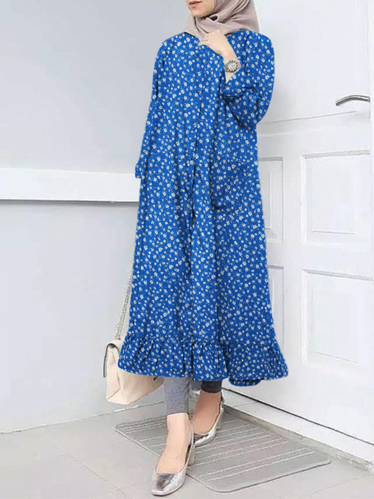 Ditsy Floral Button Ruffle Long Sleeve Maxi Dress