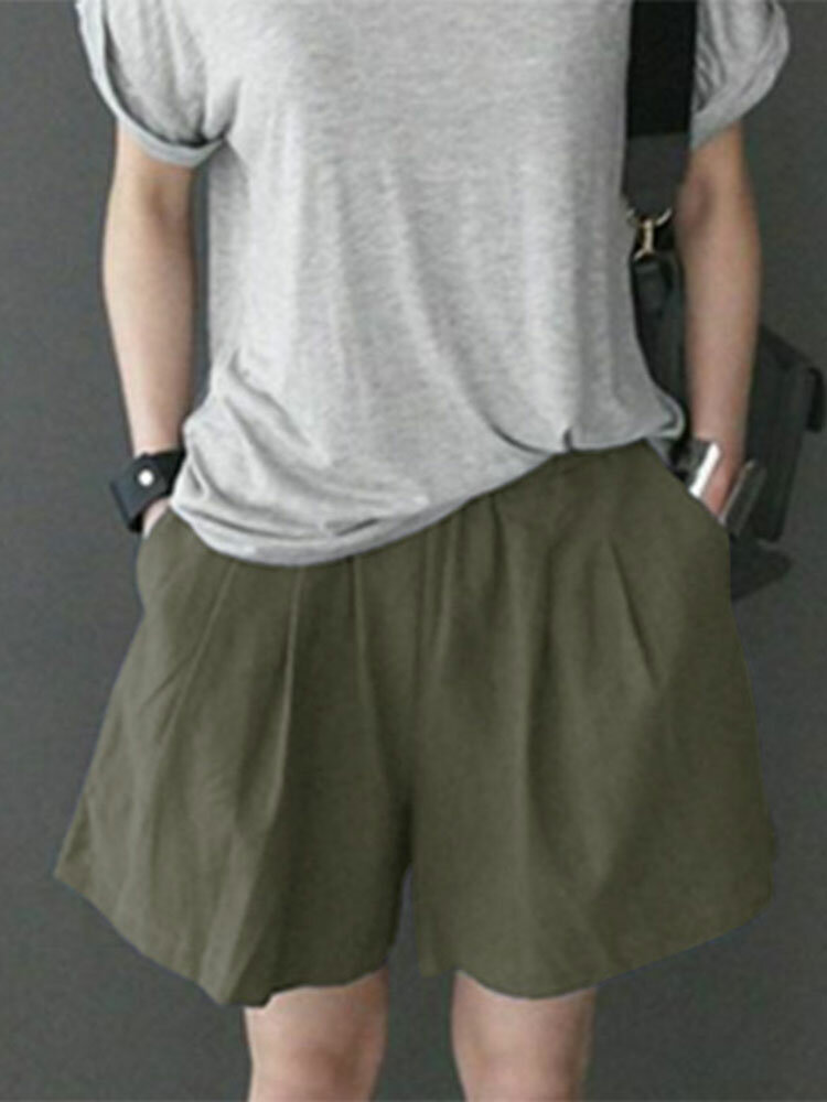 Leisure Solid Ruched Pocket Casual Cotton Shorts
