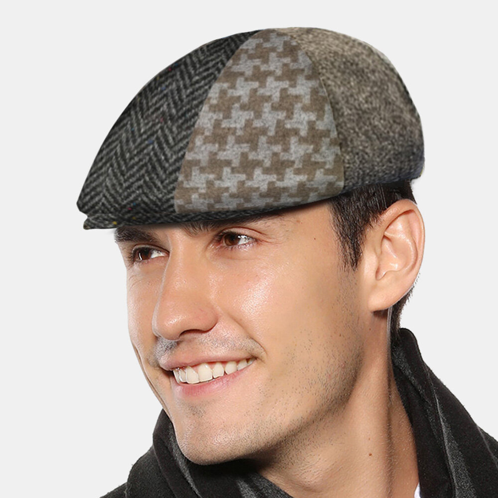 

Men Woolen Autumn-Winter Warmth Beret Cap Geometry Pattern Splicing Adjustable Sunshade Cabbie Hat Flat Cap