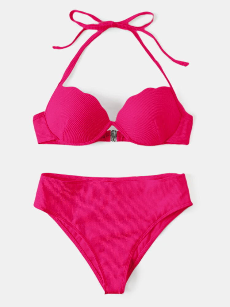 Women Solid Color Halter String Underwire High Waist Bikini For Swimming