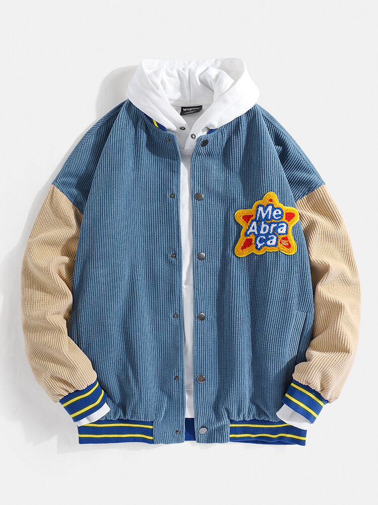 

Mens Patchwork Corduroy Graphics Applique Patched Baseball Collar Jacket